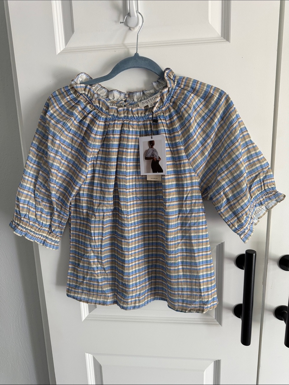 Nation Los Angeles coastal Blue & Yellow Plaid Ruffle Neck Top Medium